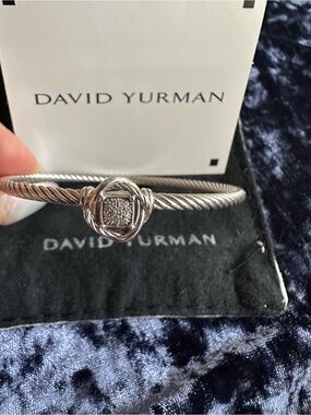 David Yurman Silver Cable Bracelet with Pavé Diamond Button
